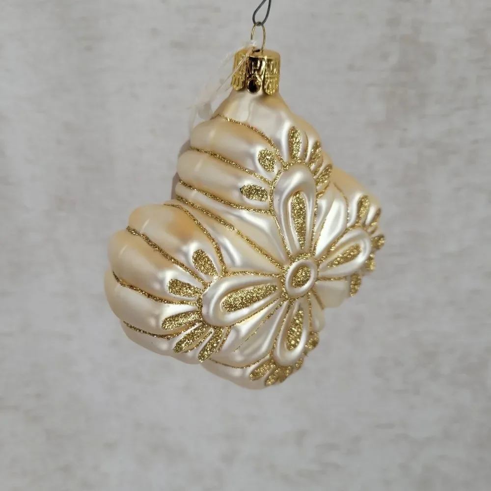 Vintage Gold and Cream Hand Blown and Painted Glass Ornaments European Artisan